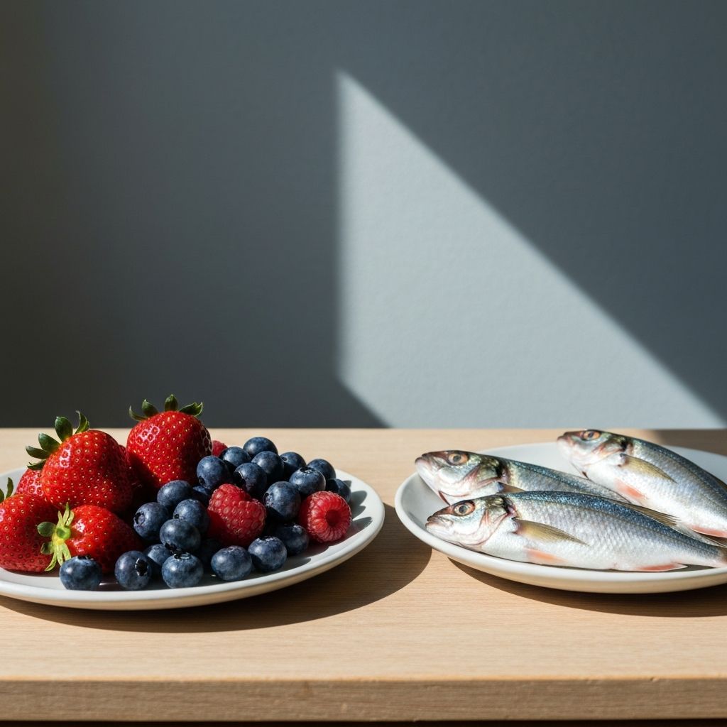 Composition of Nordic and Scandinavian foods including fresh berries and fish on a cold background