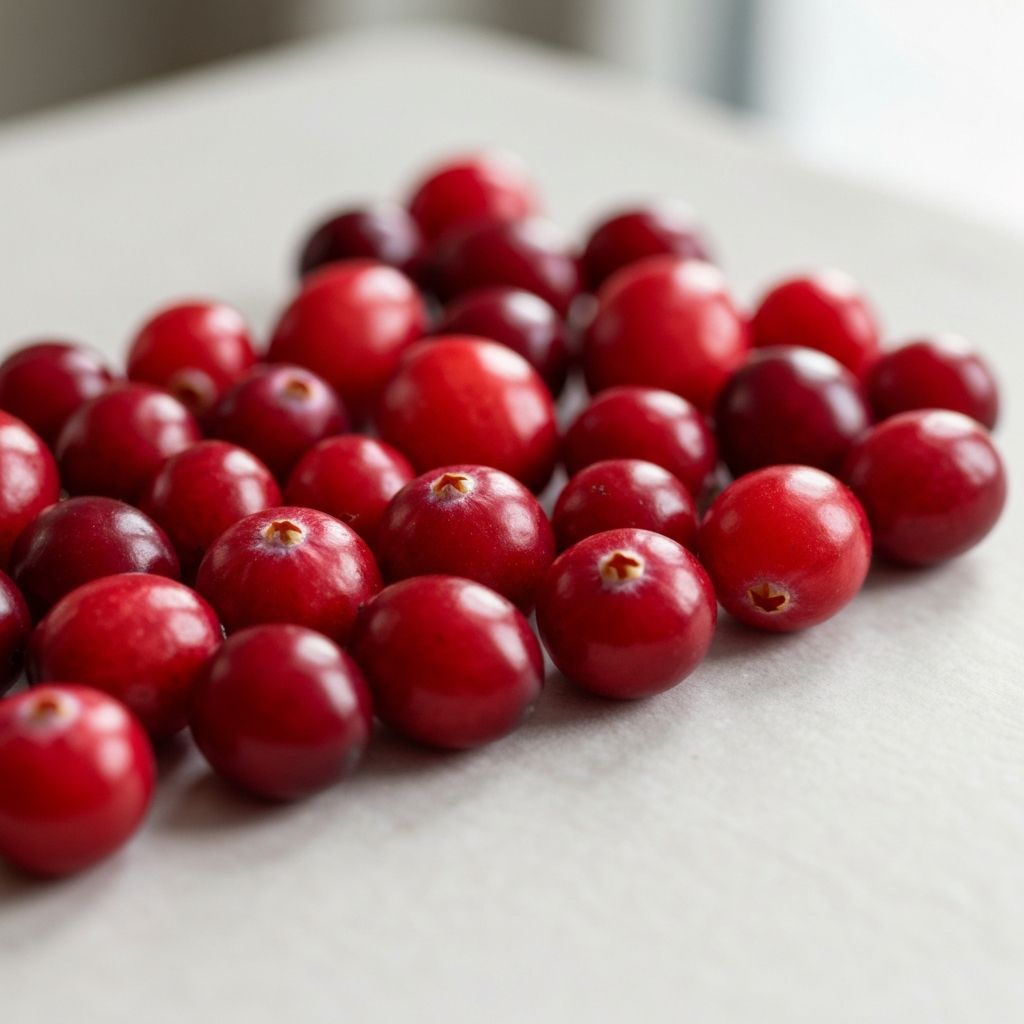 Tart red cranberries grouped on a neutral surface